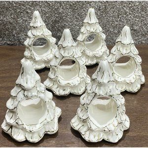 VTG Ceramic Snow Covered 3.5" White Christmas Tree Ring Napkin Holders Set of 6